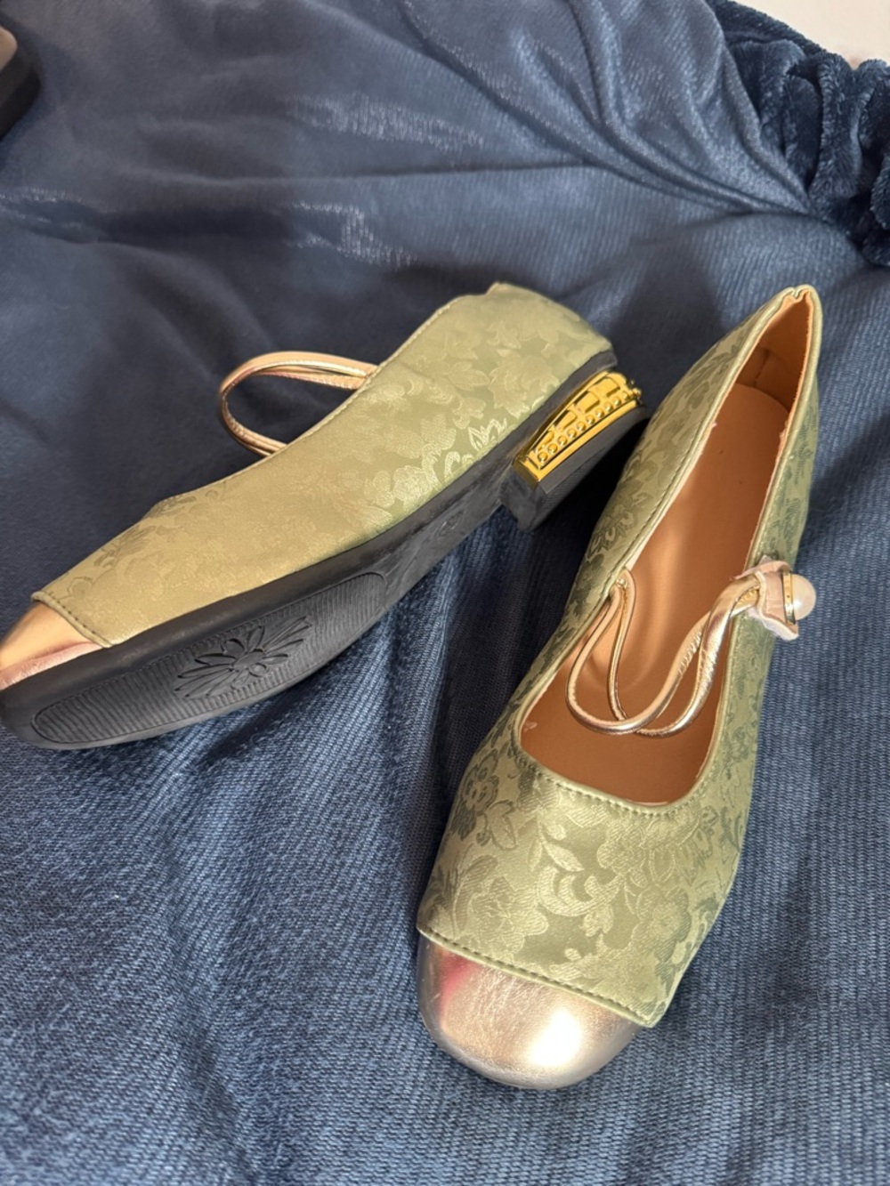 Olive Brocade Mary Jane Flats with Gold Cap Toe